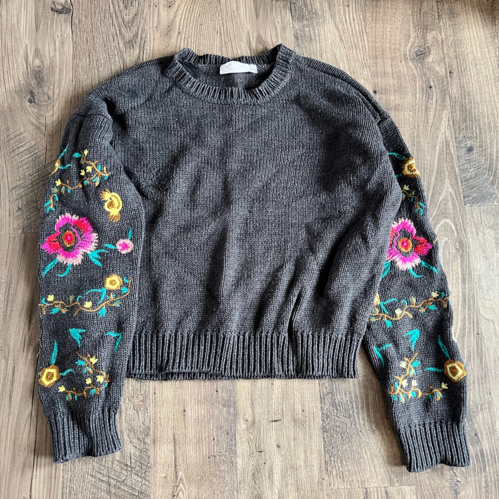 RD Style Charcoal Sweater with Floral Embroidery